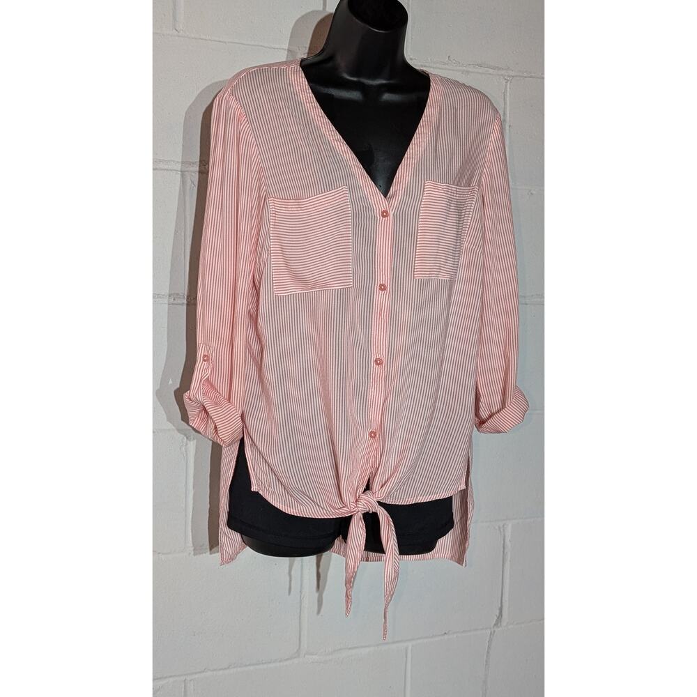 Jones New York Striped Tie Front Blouse Button Down Long Sleeve Shirt Medium